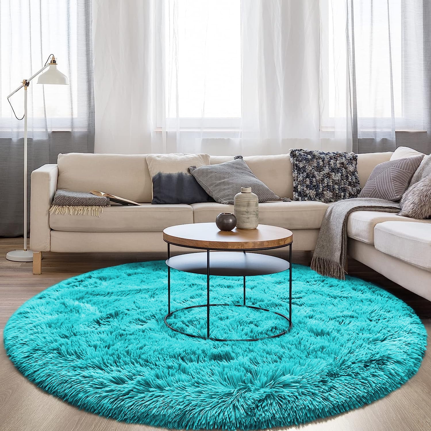 DweIke Round Rug for Bedroom,Soft Shaggy Area Rugs for Living Room Decor,Fluffy Circle Carpets for Nursery,4'x4',Blue