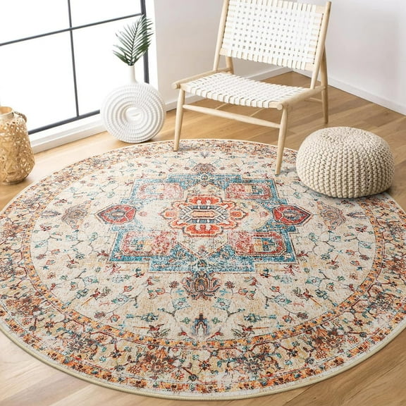 DweIke Traditional Vintage Overdyed Retro Accent Rug,Non-Slip Boho Ethnic Retro Non-Shedding & Easy Care Carpet for Living Room/Bedroom 4'x4' Light Orange