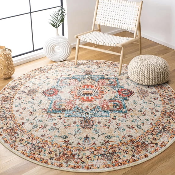 DweIke Traditional Vintage Overdyed Retro Accent Rug,Non-Slip Boho Ethnic Retro Non-Shedding & Easy Care Carpet for Living Room/Bedroom 5'x5' Light Orange