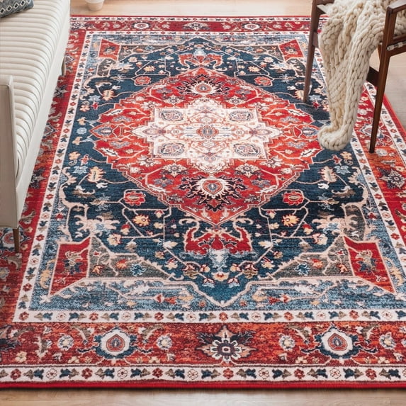 DweIke Traditional Vintage Overdyed Retro Accent Rug,Non-Slip Boho Ethnic Non-Shedding Christmas Decor Carpet for Living Room/Bedroom 2'x3' Red