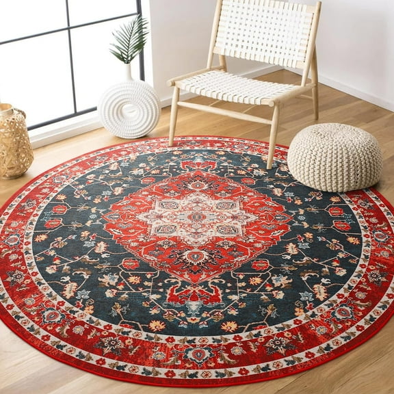 DweIke Traditional Vintage Overdyed Retro Accent Rug,Non-Slip Boho Ethnic Retro Non-Shedding & Easy Care Carpet for Living Room/Bedroom 4'x4'Red