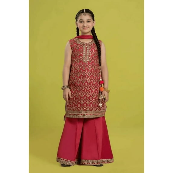 Dweep Sara Pink Embroidered Organza Summer Girls Suit with Dhaka Sharara, Crushed Dupatta S/10-12Y