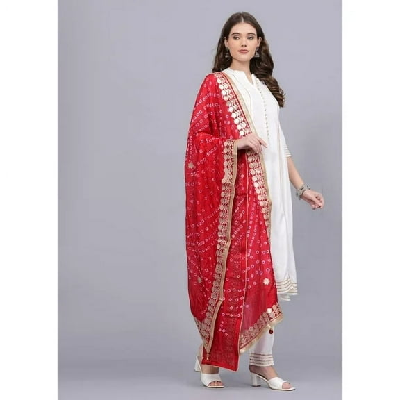 Dweep Sara White Jaipuri Kurti Set with Pant, Red Dupatta, Rayon Slub Women Anarkali Suit Set M/38
