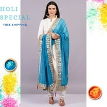 Dweep Sara White Kurti Set with Pant, Ferozi Dupatta, Indian Pakistani Women Anarkali Suit XXL/44