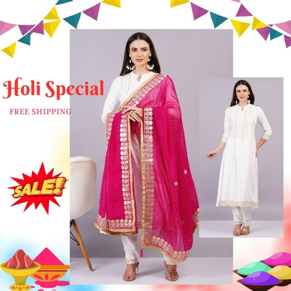 Dweep Sara White Kurti Set with Pant, Pink Dupatta, Indian Pakistani Women Anarkali Suit Set L/40