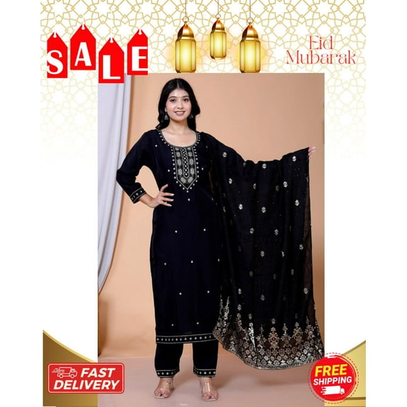 Dweep Sara Women's Maslin Fabric Kurti Set with Black Embroidered Dupatta - 3/4 Sleeves, S/34