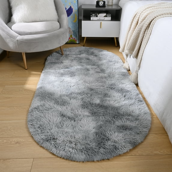 Dwelke Fluffy Rugs for Bedroom,Shag Cute Area Rug for Girls/Boys and Kids Baby Room Home Decor,Oval Indoor Carpet for Nursery Dorm Living Room 2.6'x 5.3'Tie-Dye Gray