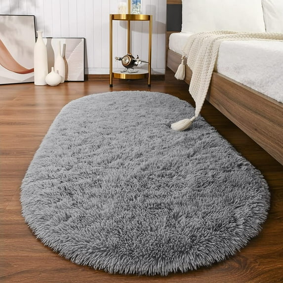 Dwelke Fluffy Rugs for Bedroom,Shag Cute Area Rug for Girls/Boys and Kids Baby Room Home Decor,Oval Indoor Carpet for Nursery Dorm Living Room 2.6'x5.3'Gray