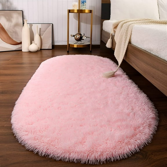Dwelke Fluffy Rugs for Bedroom,Shag Cute Area Rug for Girls/Boys and Kids Baby Room Home Decor,Oval Indoor Carpet for Nursery Dorm Living Room 2.6'x5.3'Pink