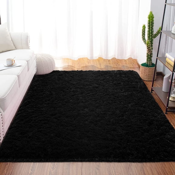 Dwelke Fluffy Shag Area Rugs Soft Fuzzy Shaggy Rugs for Girls Bedroom Kids Room Carpet Furry Throw Dorm Rug , 3'x5',Black