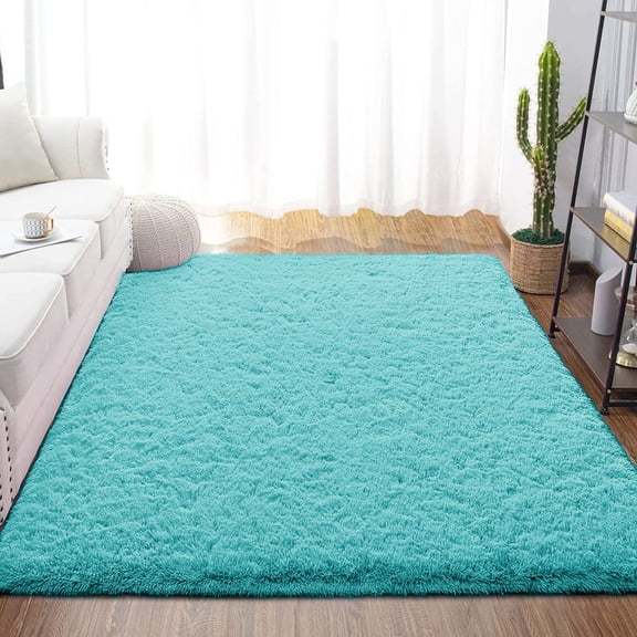 Dwelke Fluffy Shag Area Rugs Soft Fuzzy Shaggy Rugs for Girls Bedroom Kids Room Carpet Furry Throw Dorm Rug , 5'x8',Blue