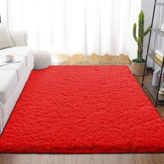 Dwelke Fluffy Shag Area Rugs Soft Fuzzy Shaggy Rugs for Girls Bedroom Kids Room Carpet Furry Throw Dorm Rug 5'x8' Red