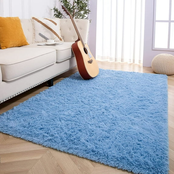 Dwelke Fluffy Shag Area Rugs Soft Shaggy Rugs for Girls Bedroom Kids Room Carpet Dorm Rug,5'x8',Cerulean Blue