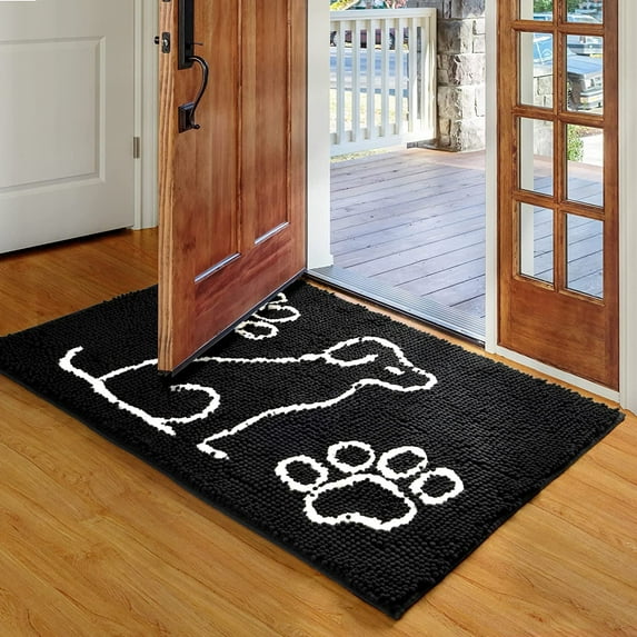 Dwelke Indoor Door Mat Entryway Rug Chenille Mats for Muddy Shoes Dogs Bathroom Mats With Non-Slip Backing Machine Washable Durable Rug 20"x30",Black