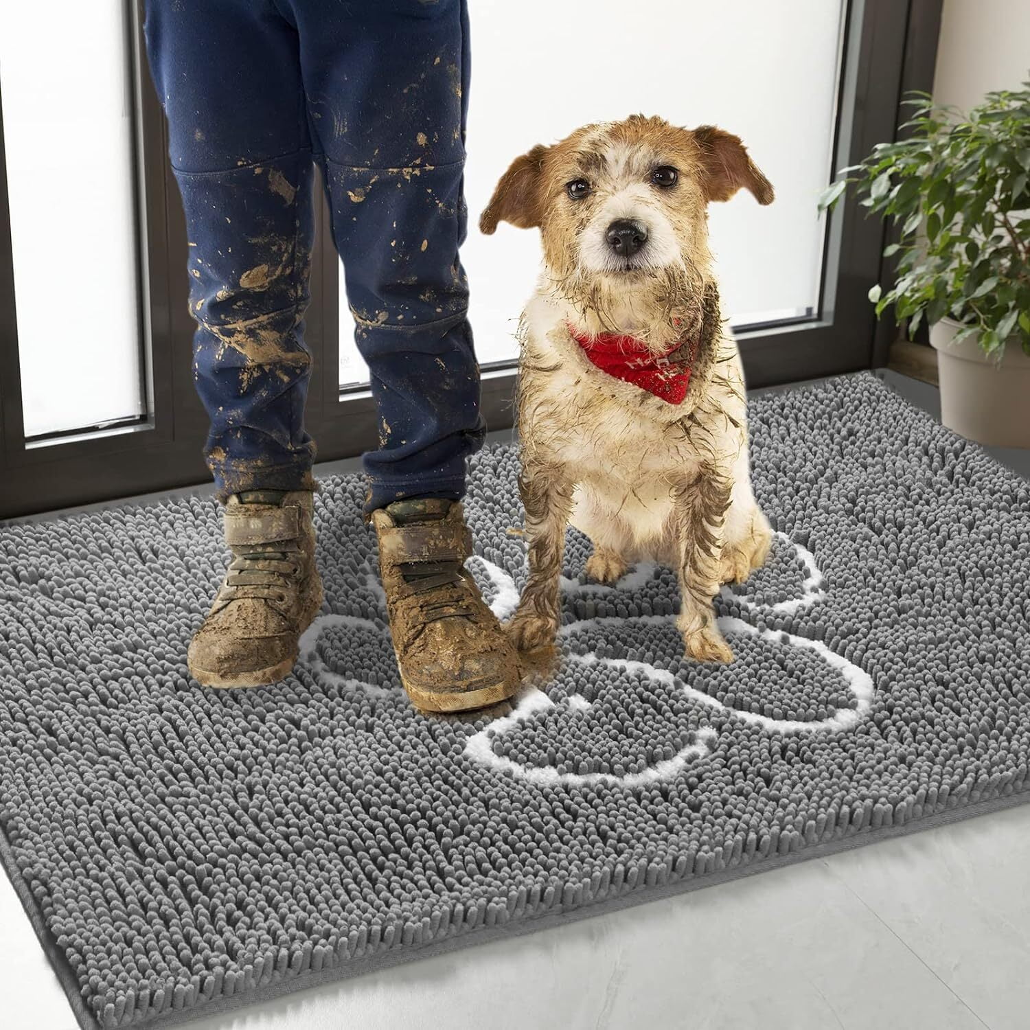 AROGAN Doormat Dog Chenille Doormats Indoor Entrance Grey, Pet Indoor Door  Mats Washable for Mud Entry Indoor Busy Area Dogs Muddy Pawprints 30x48