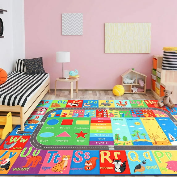 Dwelke Kids Educational Rug, Kids Collection Area Rug for Learning Alphabet, Numbers, Colors, Season and Animal Words, Playmat for Classroom Playroom,3'x5'