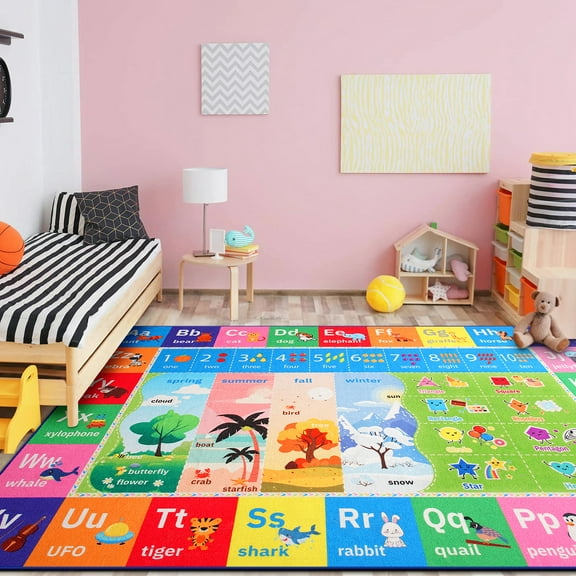 Dwelke Kids Rugs Alphabet Seasons Educational Carpet Play Rug for Playroom Mat Alphabet Area Rug 4'x6'