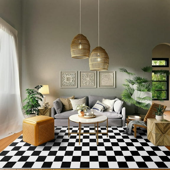 Dwelke Plaid Area Rug Checkered Rug Washable Rugs For Living Room Carpet Black,6x9ft