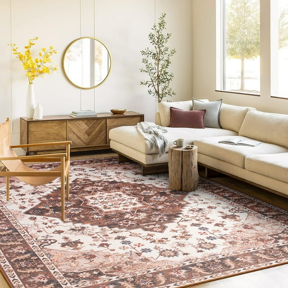 Dwelke Machine Washable Rug Vintage Washable Area Rugs with Non Slip Rugs for Living Room Bedroom Traditional Rug Accent Carpet, Home Decor Office Boho Rug,4'x6' Brown