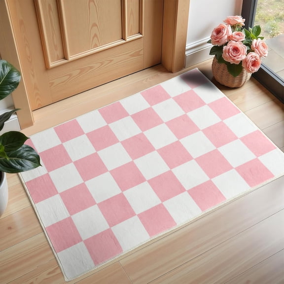 Dwelke Plaid Area Rug Checkered Rug Washable Rugs For Living Room Carpet Pink,2x3ft
