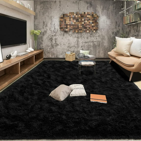 Dwelke Shaggy Area Rug 9x12ft Rugs, Large Plush Carpet for Living Room Bedroom,Black