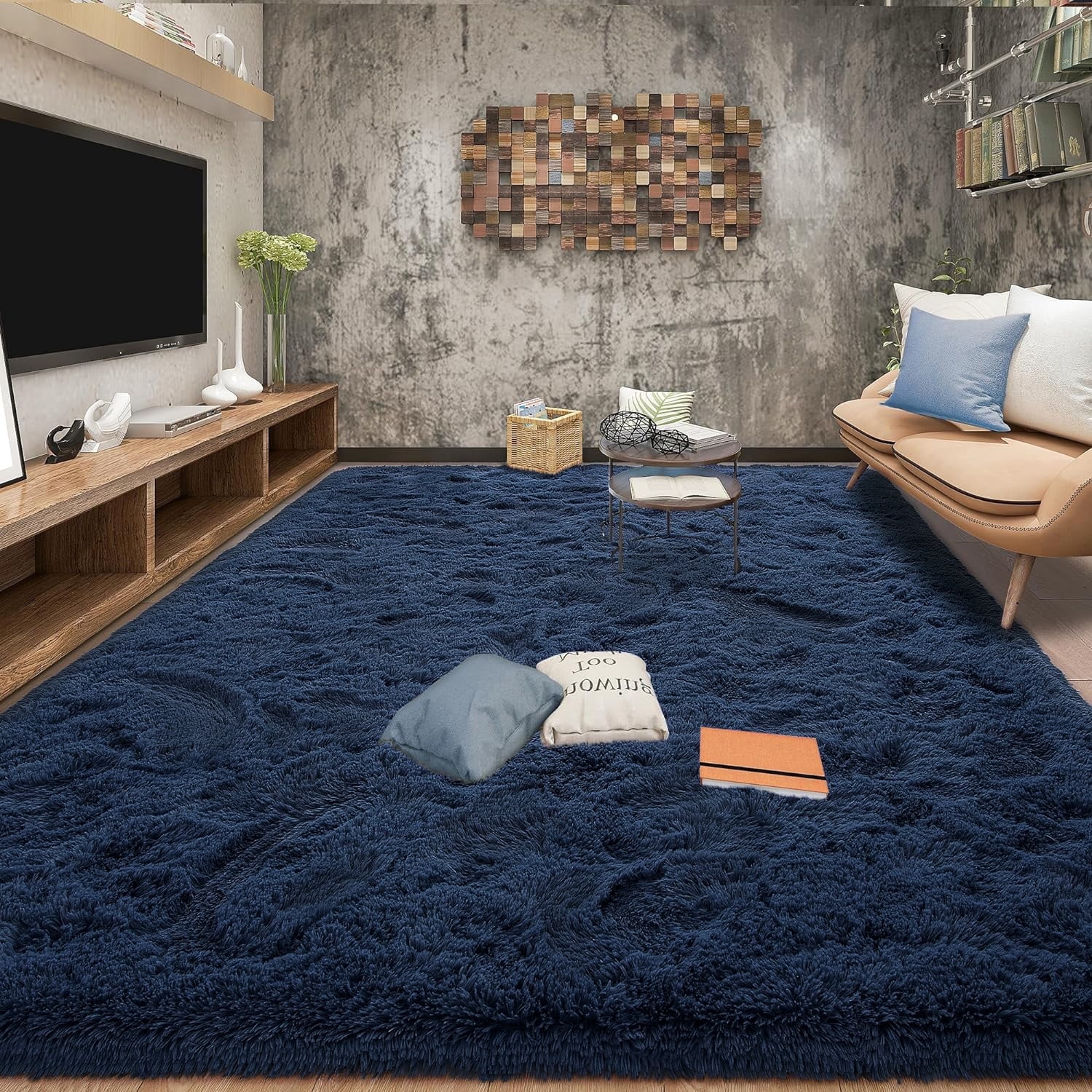Dwelke Shaggy Area Rug 9x12ft, Ultra Fuzzy Large Plush Carpet for Living Room Bedroom,Blue