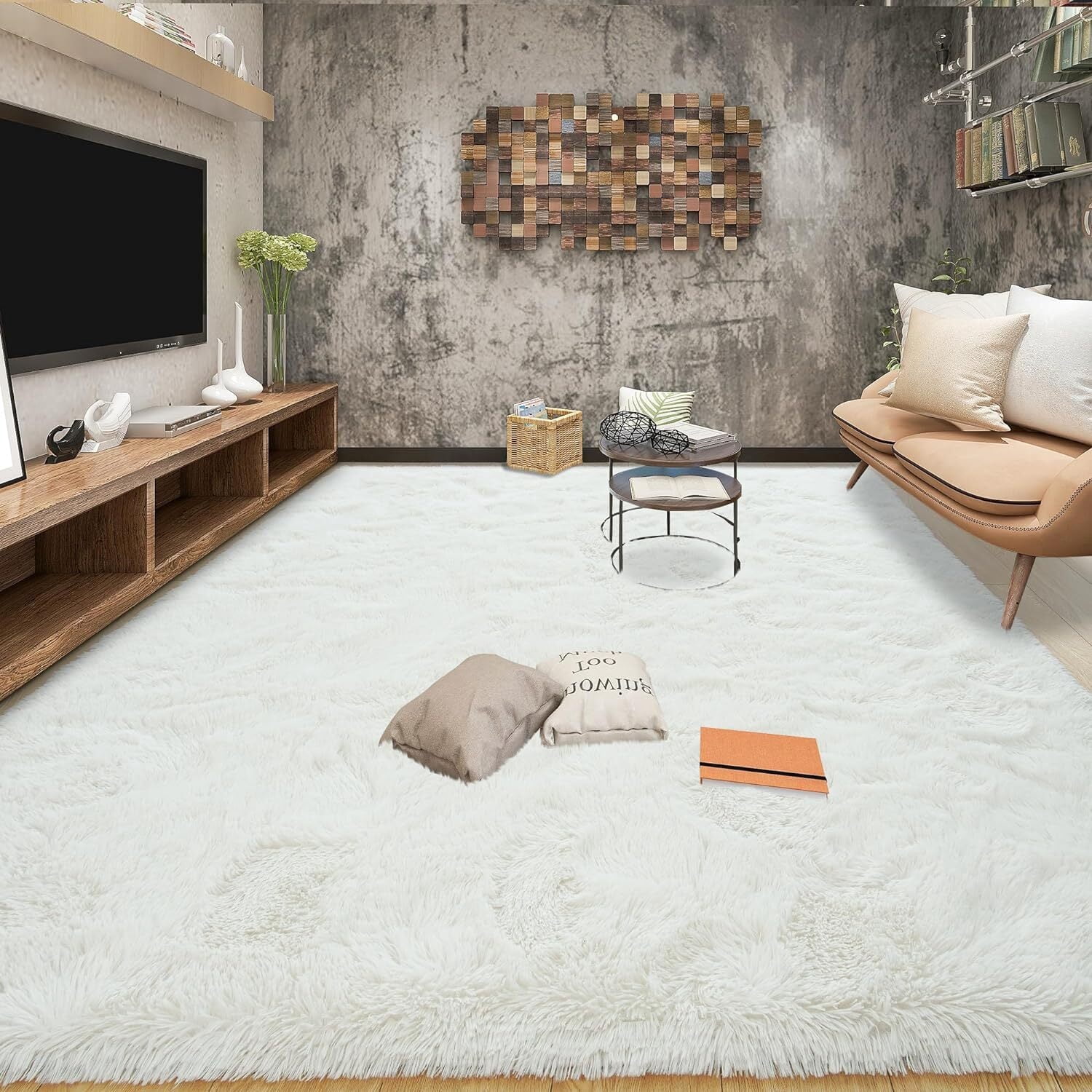 Dwelke Shaggy Area Rug 9x12ft, Ultra Fuzzy Large Plush Carpet for Living Room Bedroom,Cream white