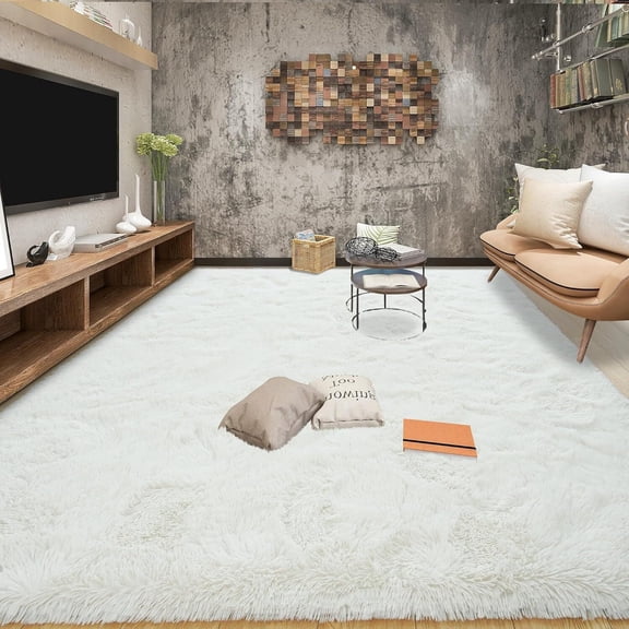 Dwelke Shaggy Area Rug 9x12ft, Ultra Fuzzy Large Plush Carpet for Living Room Bedroom,Cream white