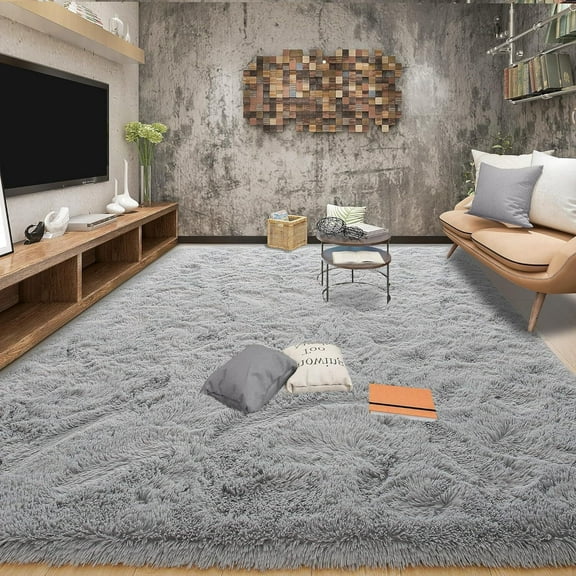 Dwelke Shaggy Area Rug 9x12ft, Ultra Fuzzy Large Plush Carpet for Living Room Bedroom,Gray