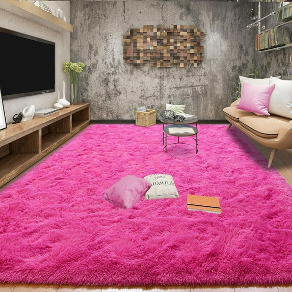 Dwelke Shaggy Area Rug 9x12ft, Ultra Fuzzy Large Plush Carpet for Living Room Bedroom,Hot pink