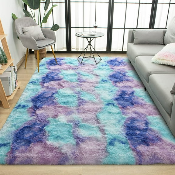 Dwelke Soft Colorful Rugs for Girls Room, Fluffy Rainbow Area rug Cute Floor Carpets Shaggy Playing Mat for Kids Baby Girls Bedroom Nursery Home Decor 3'x5'Blue/purple