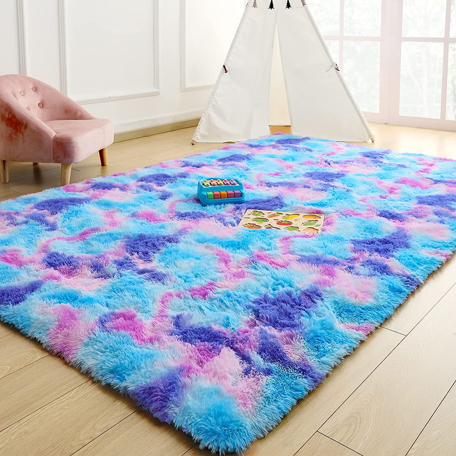 Dwelke Large Fluffy Rainbow Rug for Children's Playroom, Toddler ...