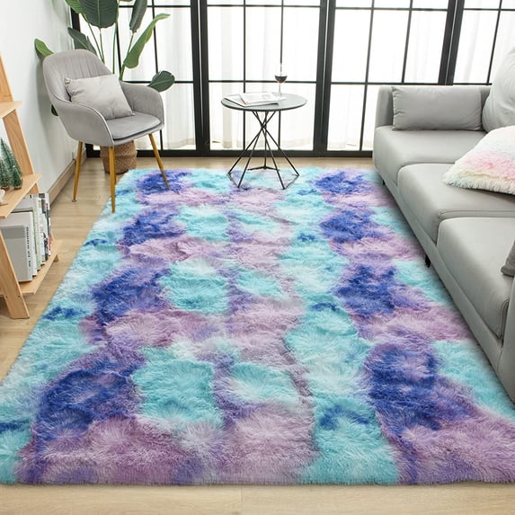 Dwelke Soft Colorful Rugs for Girls Room, Fluffy Rainbow Area rug Cute Floor Carpets Shaggy Playing Mat for Kids Baby Girls Bedroom Nursery Home Decor 5'x8'Blue/purple