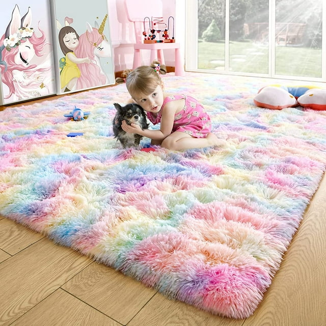 Dwelke Soft Colorful Rugs for Girls Room, Fluffy Rainbow Area rug Cute