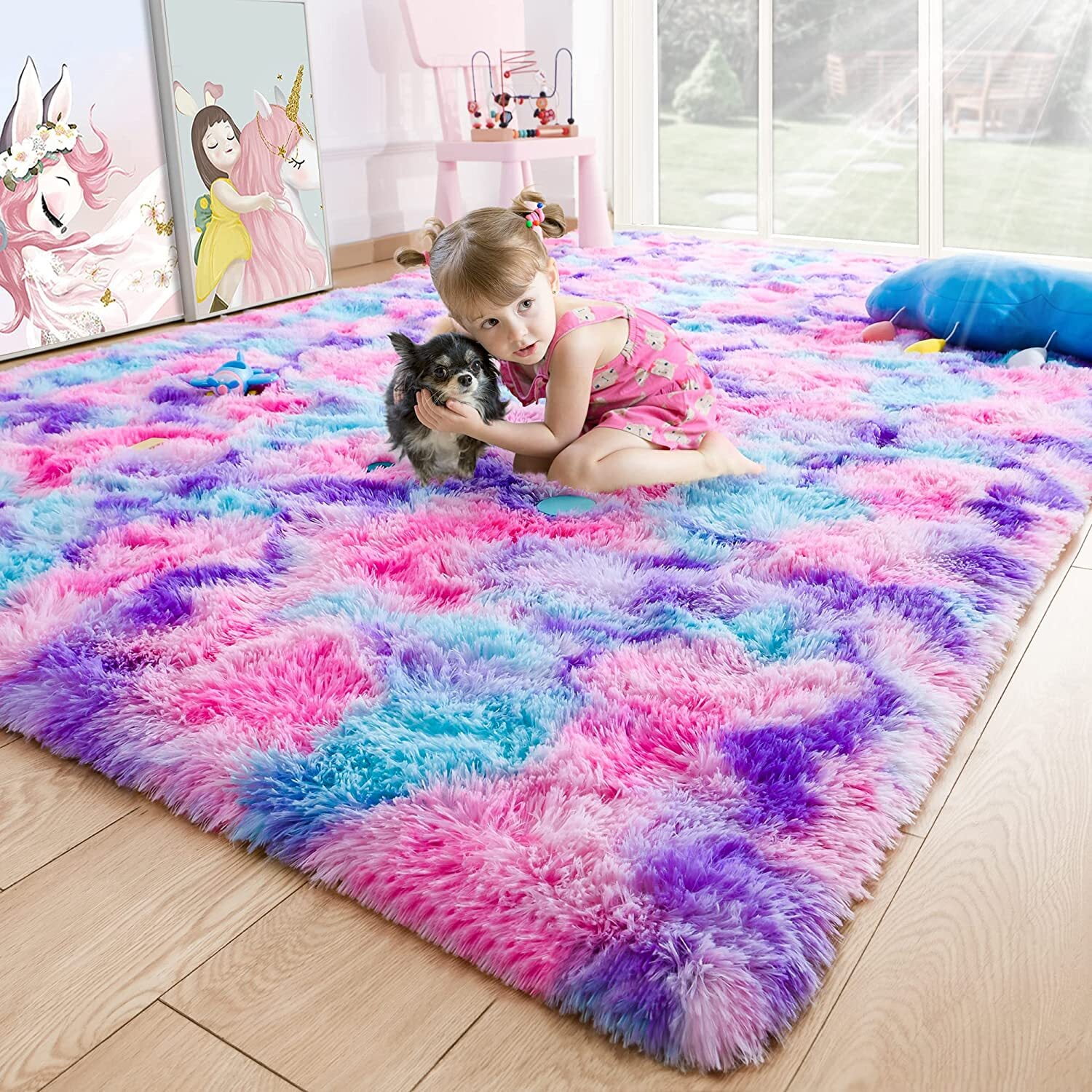 Dwelke Soft Colorful Rugs for Girls Room, Fluffy Rainbow Area rug