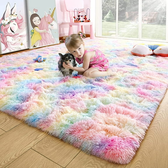 Dwelke Soft Colorful Rugs for Girls Room, Fluffy Rainbow Area rug Cute Floor Carpets Shaggy Playing Mat for Kids Baby Girls Bedroom Nursery Home Decor 5'x8'Rainbow