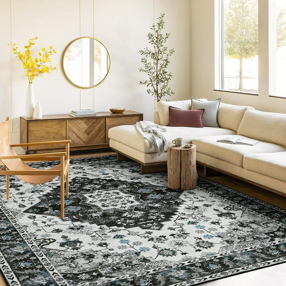 Dwelke Traditional Vintage Overdyed Retro Black Area Rug Machine Washable Non-slip Carpet,5'x8'