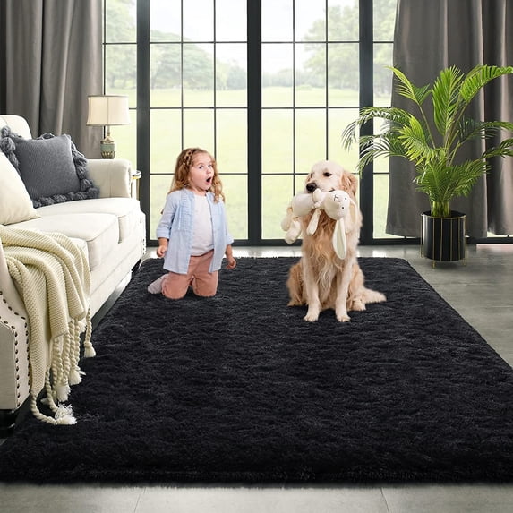 Dwelke Ultra Fluffy Rug Indoor Plush Soft Carpet for Living Room Anti-Skid Durable Area Rug 4x5.3ft Black