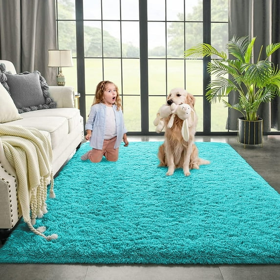 Dwelke Ultra Fluffy Rug Indoor Plush Soft Carpet for Living Room Anti-Skid Durable Area Rug 4x5.3ft Blue