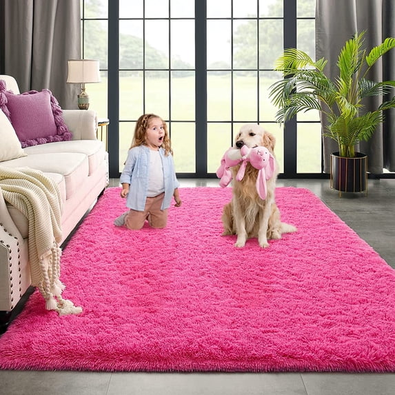 Dwelke Ultra Fluffy Rug Indoor Plush Soft Carpet for Living Room Anti-Skid Durable Area Rug 4x5.3ft Hot-pink