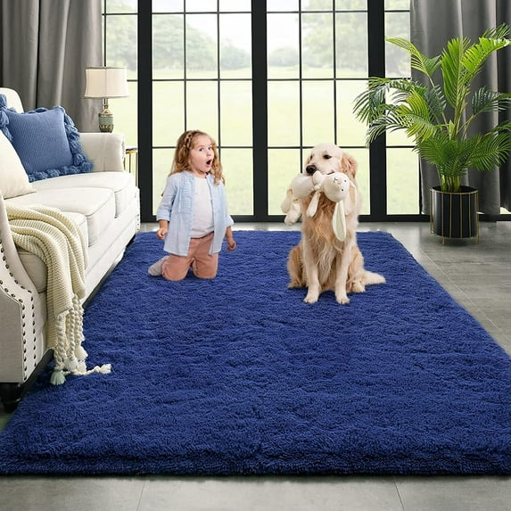 Dwelke Ultra Fluffy Rug Indoor Plush Soft Carpet for Living Room Anti-Skid Durable Area Rug 5.3x7.5ft Navy-blue