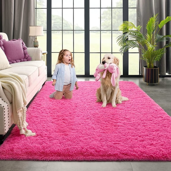 Dwelke Ultra Fluffy Rug Indoor Plush Soft Carpet for Living Room Anti-Skid Durable Area Rug 6x9ft Hot-pink