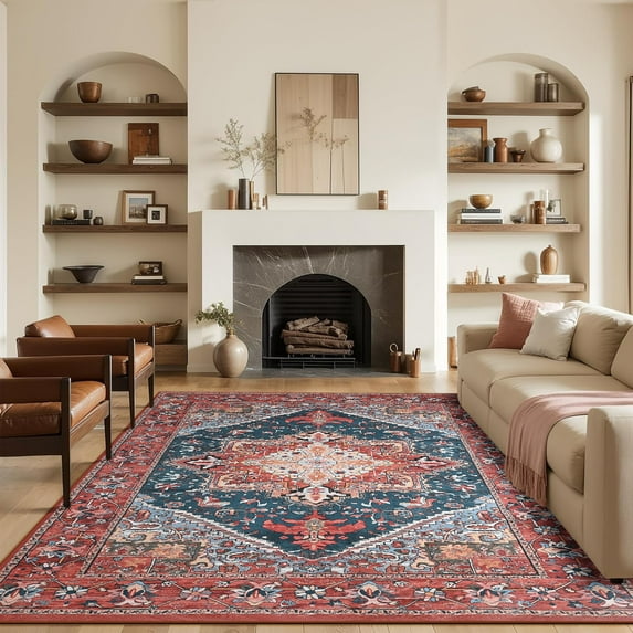 Dwelke Vintage Area Rug Floral Rugs Soft Bedroom Carpet for Living Room Home Decor,10'x14',Red