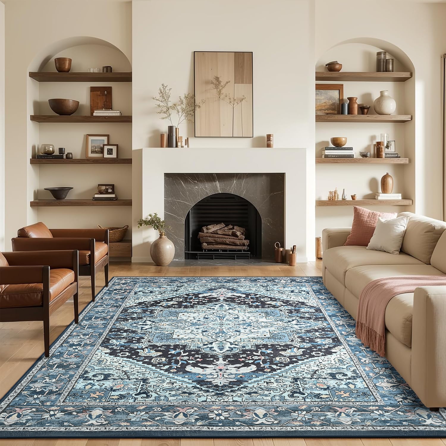 Dwelke Vintage Area Rug Floral Rugs Soft Bedroom Carpet for Living Room Home Decor,4'x6',Blue