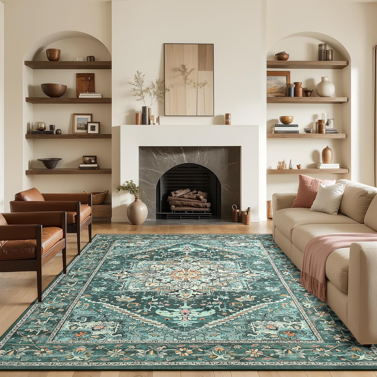 Dwelke Vintage Area Rug Floral Rugs Soft Bedroom Carpet for Living Room Home Decor,6'x9',Green