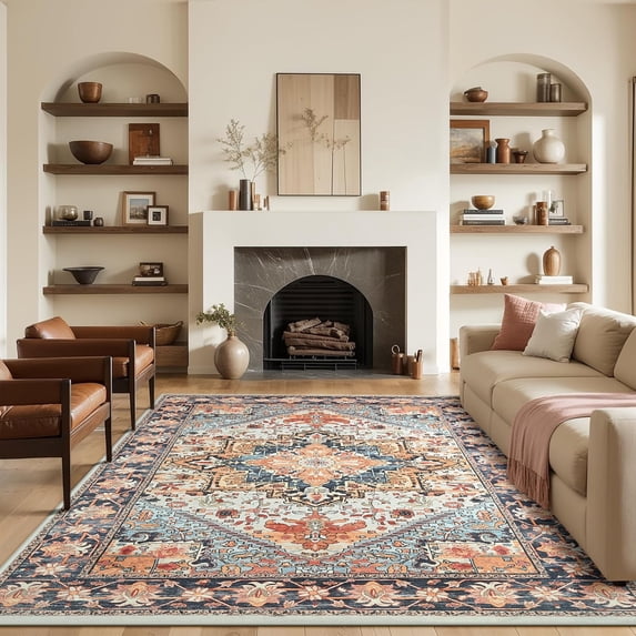 Dwelke Vintage Area Rug Floral Rugs Soft Bedroom Carpet for Living Room Home Decor,6'x9',Orange