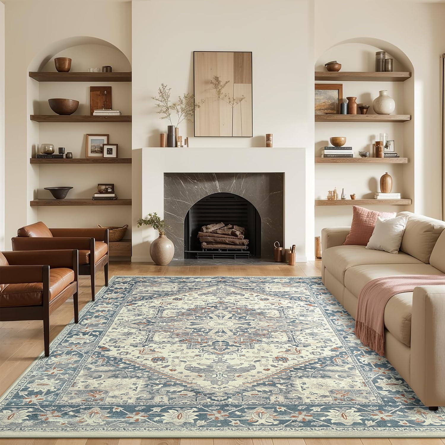 Dwelke Vintage Area Rug Floral Rugs Soft Bedroom Carpet for Living Room Home Decor,8'x10',Beige