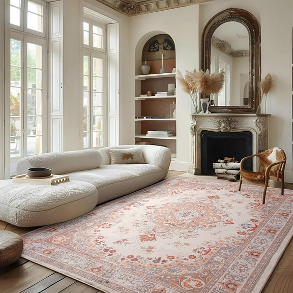 Dwelke Washable Soft Vintage Rug Faux Wool Floral Rug for Living Room Dorm Decor
