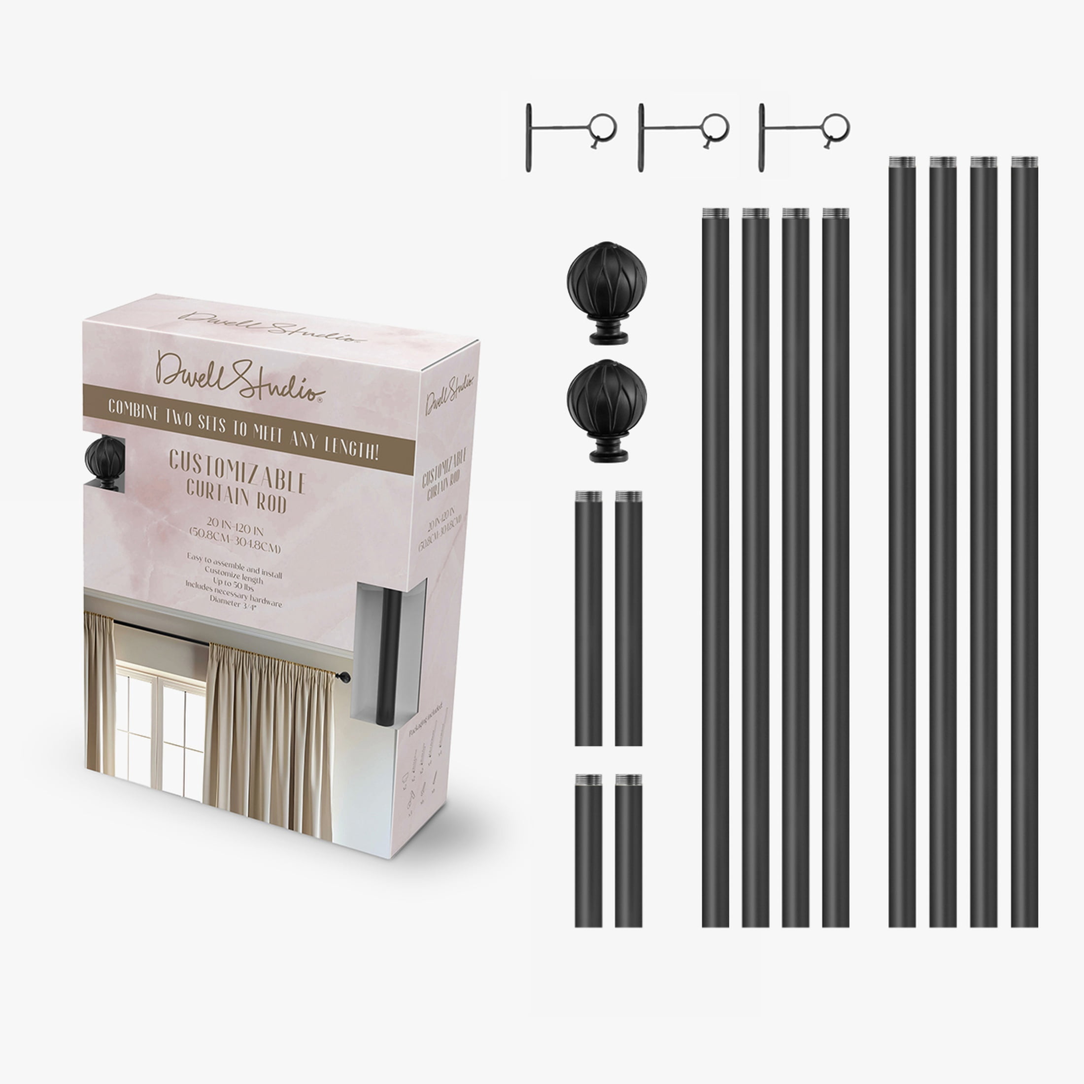 Dwell Studio, Cutomizable Curtain Rods, 3/4" Iron Material, 20 inch-120 inch Kit, Matte Black