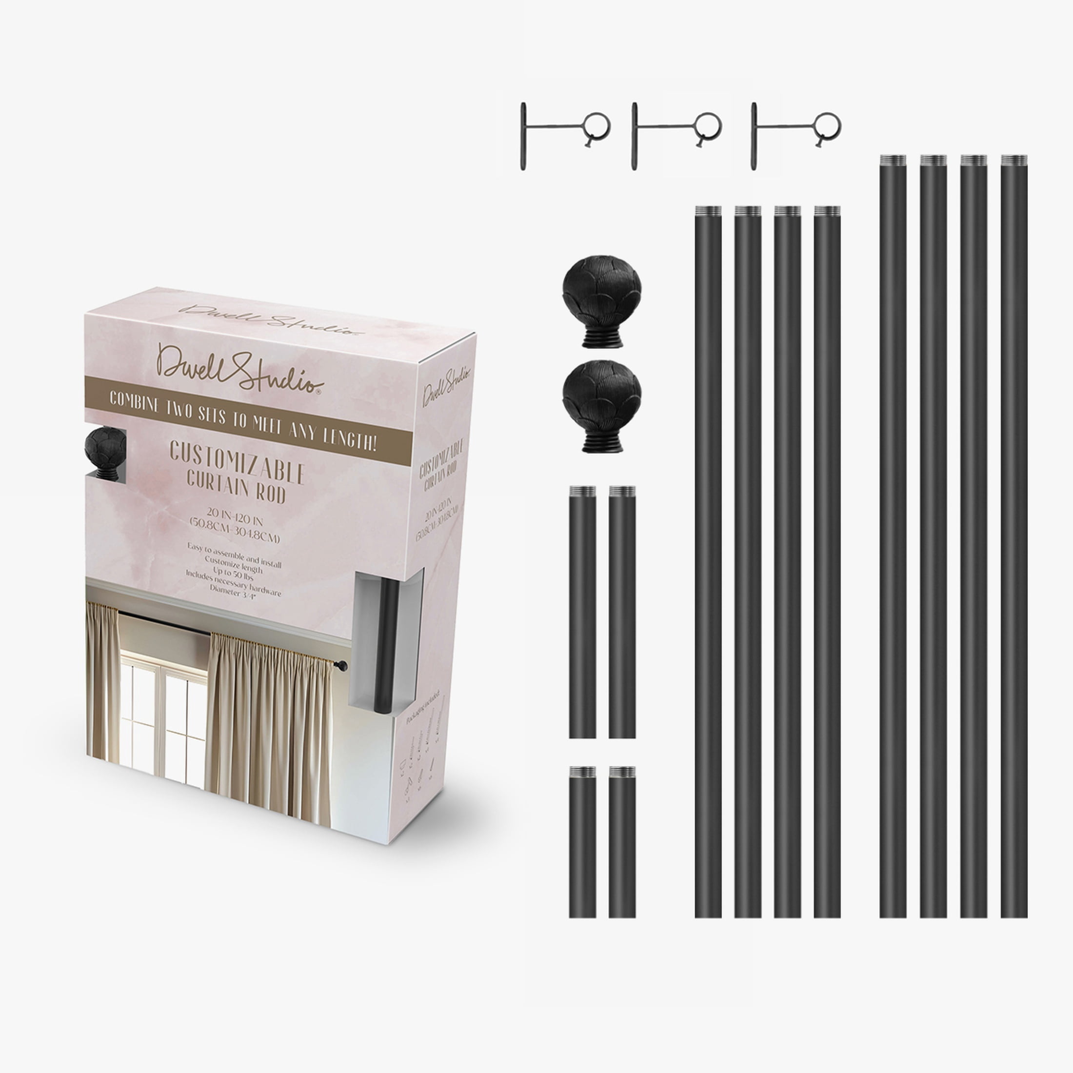 Dwell Studio, Cutomizable Curtain Rods, 3/4" Iron Material, 20 inch-120 inch Kit, Matte Black